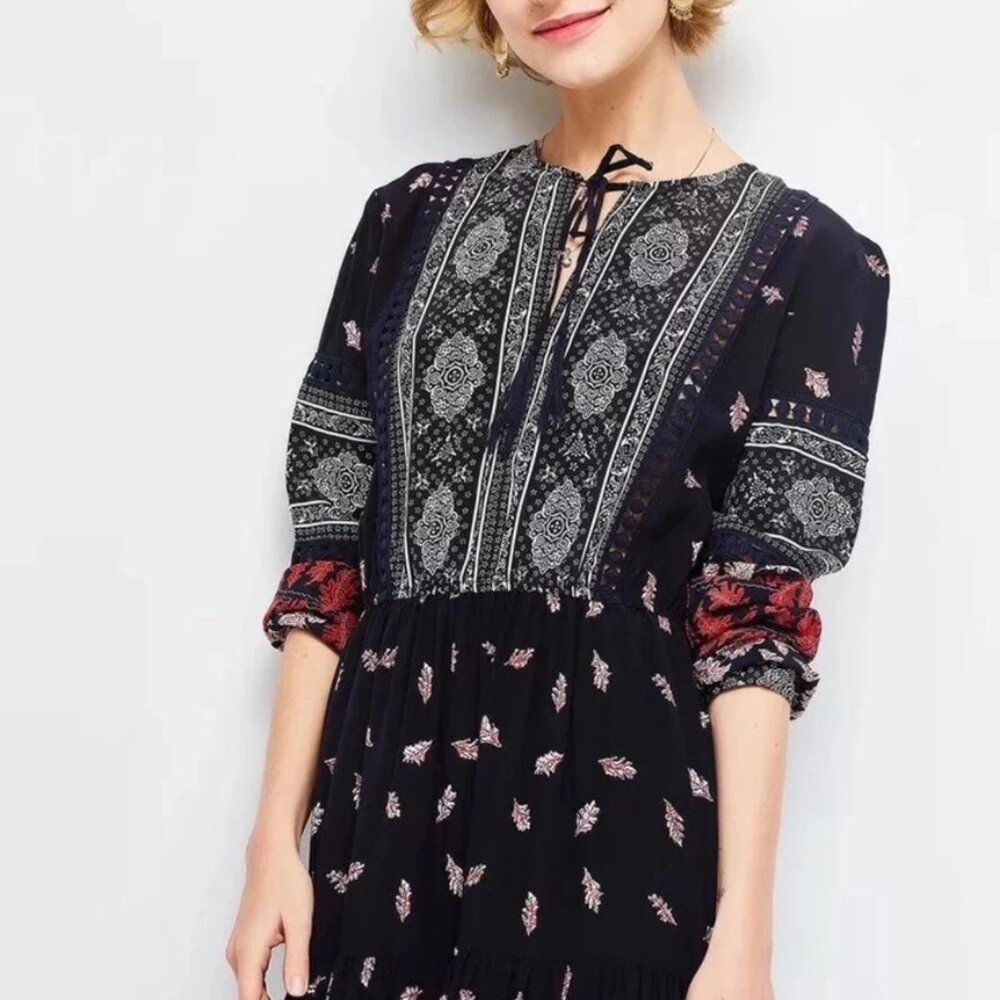Sea New York Eloise Boho Fall Leaves Long Sleeve Tassel Tie Silk Midi Dress 2 - Picture 5 of 13